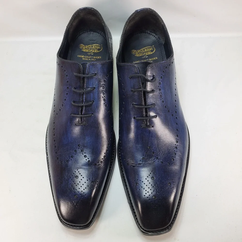 Calzoleria Toscana 975 Oxford Mens 47 Blue Hand Crafted Patina Leather Italy